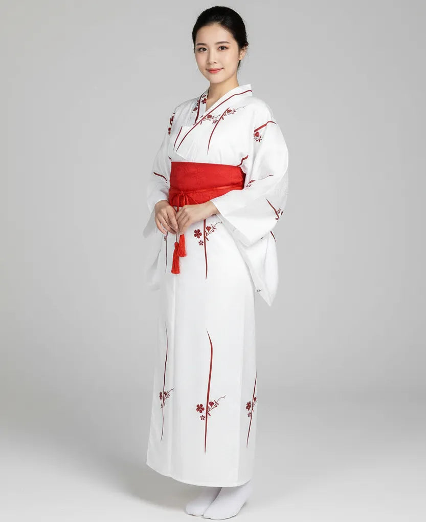 Kimono femme blanc japonais à fleurs rouges
