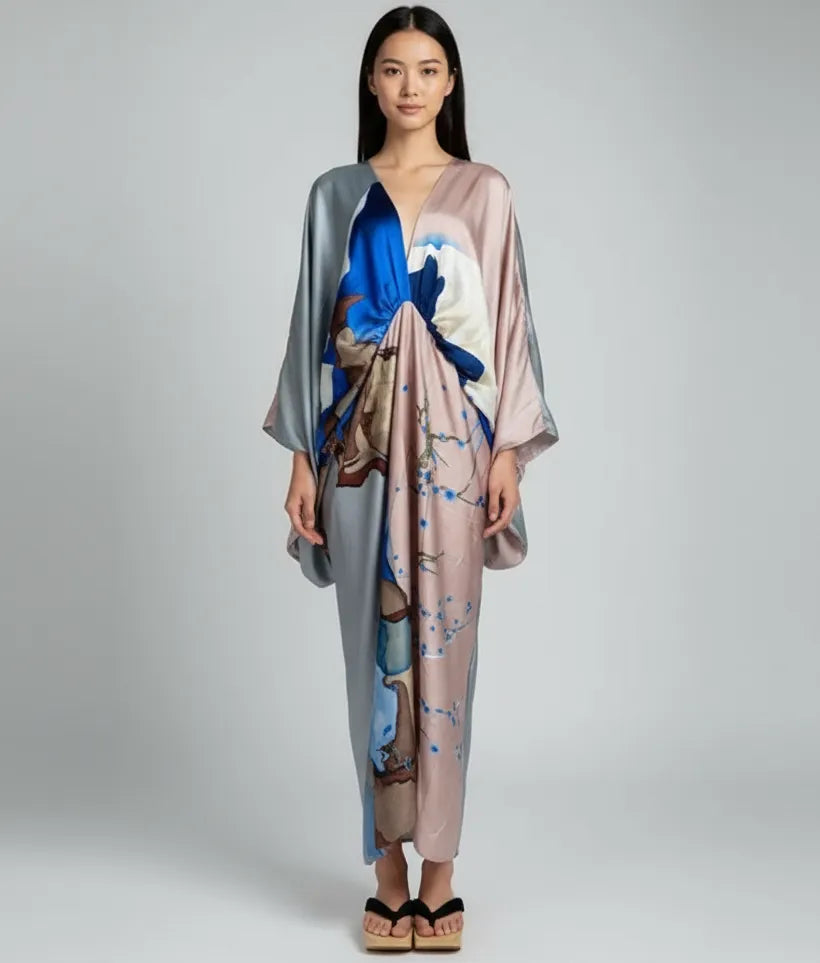 Kimono femme long gris rosé