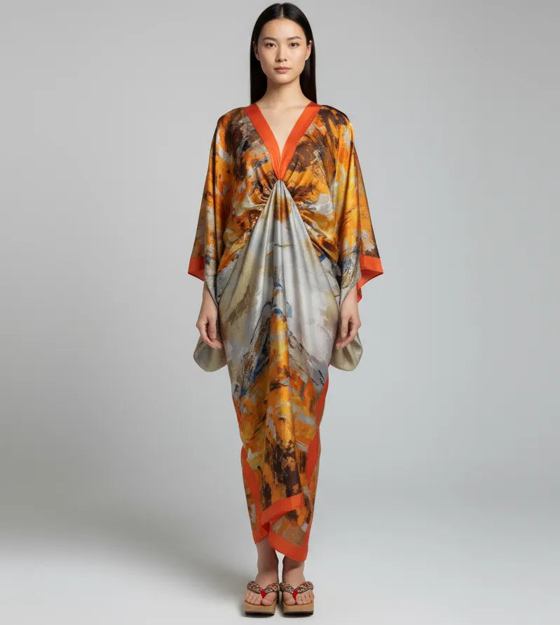 Kimono femme long orange & gris