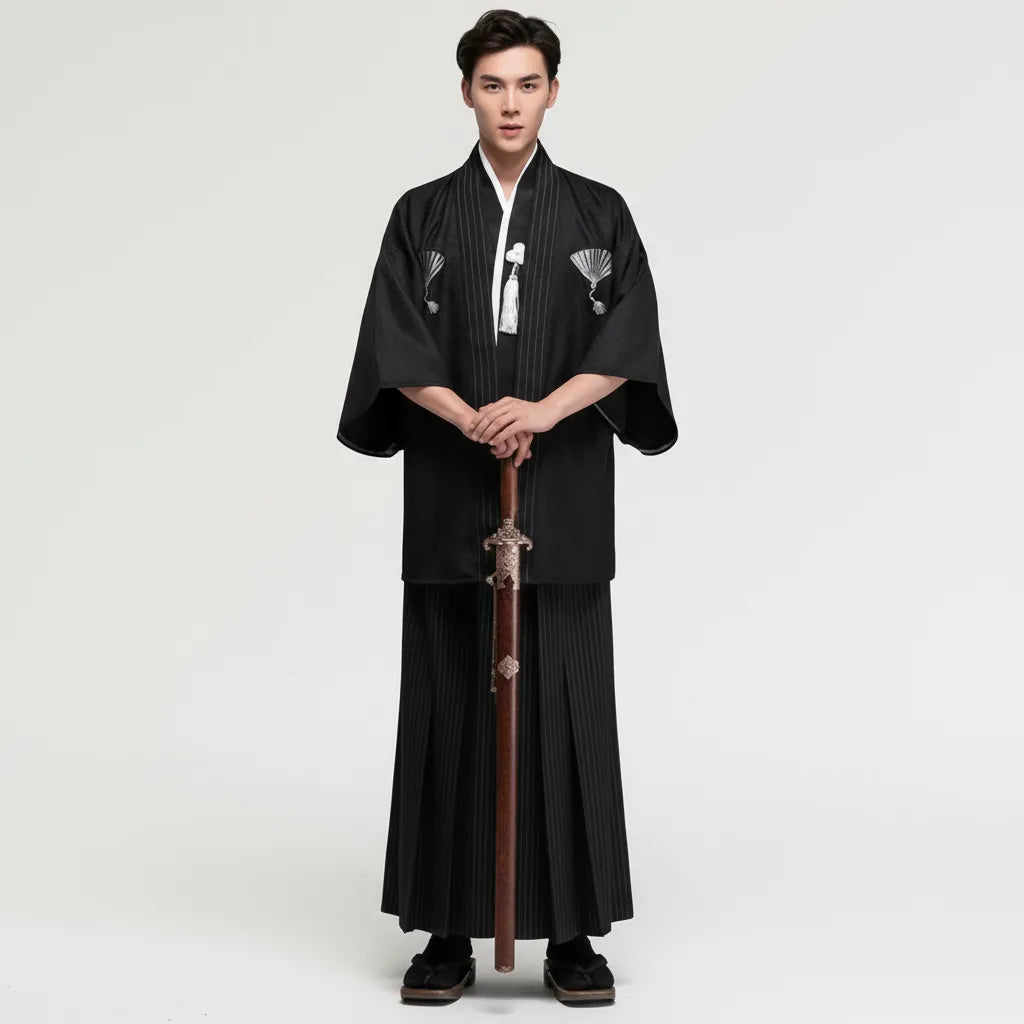 Kimono de Cérémonie Japonaise Homme – Haori Noir & Hakama Rayé