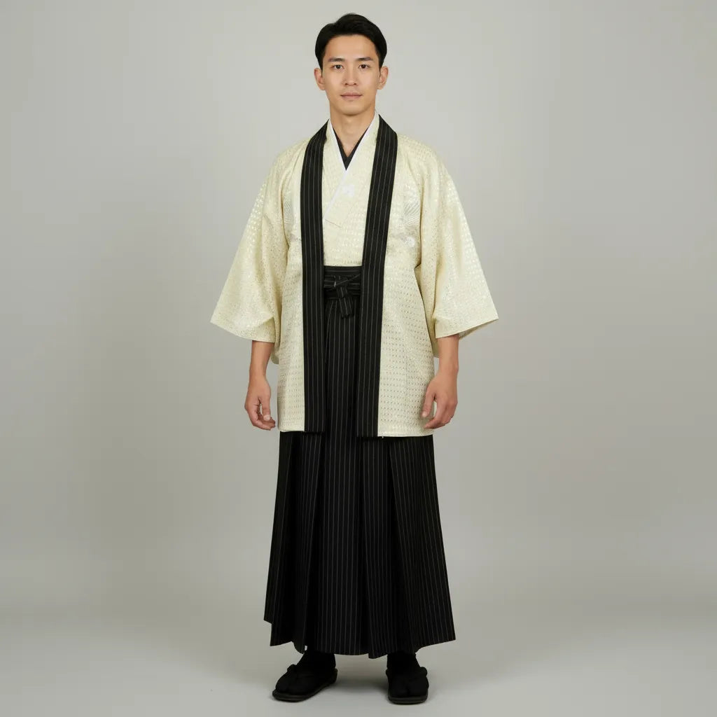 Kimono Japonais de Cérémonie Homme – Haori Jaune & Hakama Noir