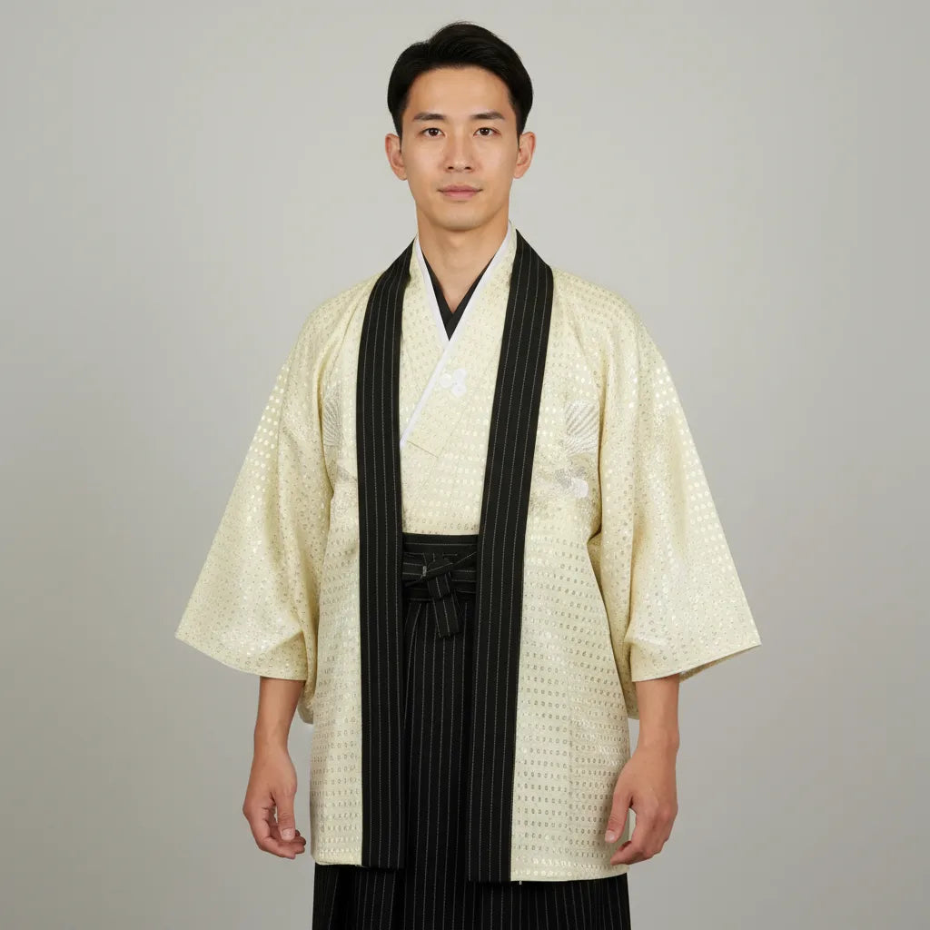 Kimono Japonais de Cérémonie Homme – Haori Jaune & Hakama Noir