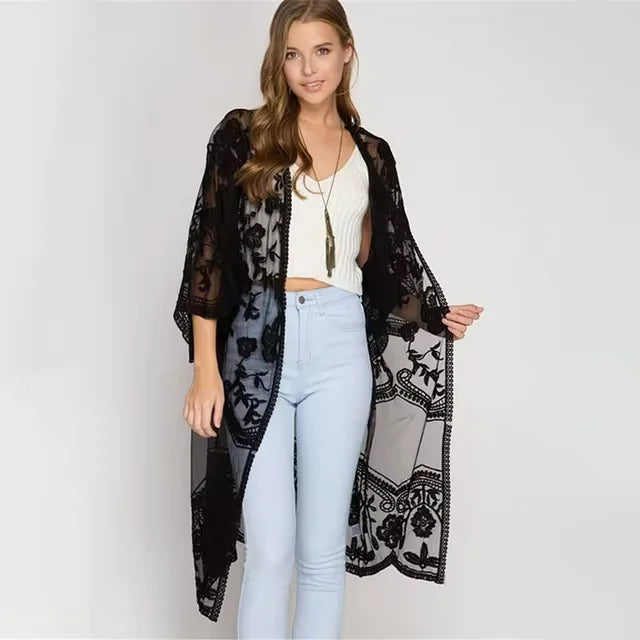 Kimono long noir en dentelle