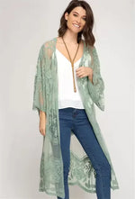 Kimono long vert en dentelle