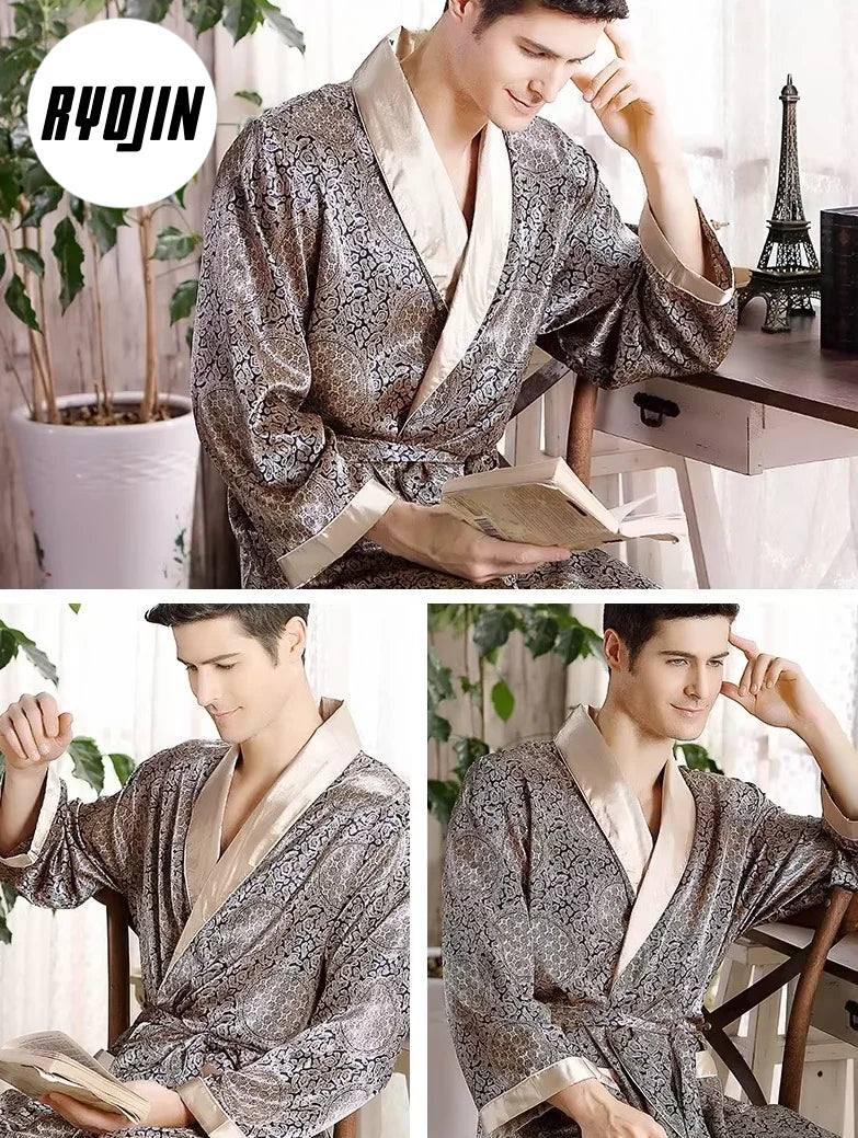 Peignoir kimono homme or bleu en soie