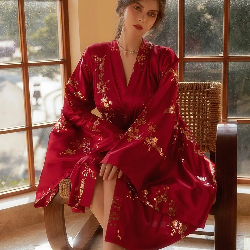 Peignoir Kimono Fleuri Rouge