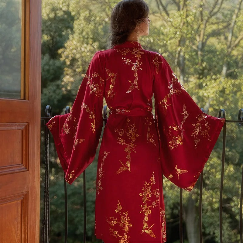 Peignoir Kimono Fleuri Rouge