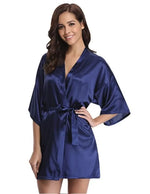 Peignoir kimono femme satin bleu marine