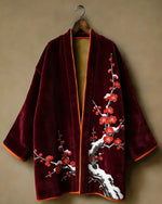 Manteau Kimono Femme Bordeaux Fleurs de Prunier