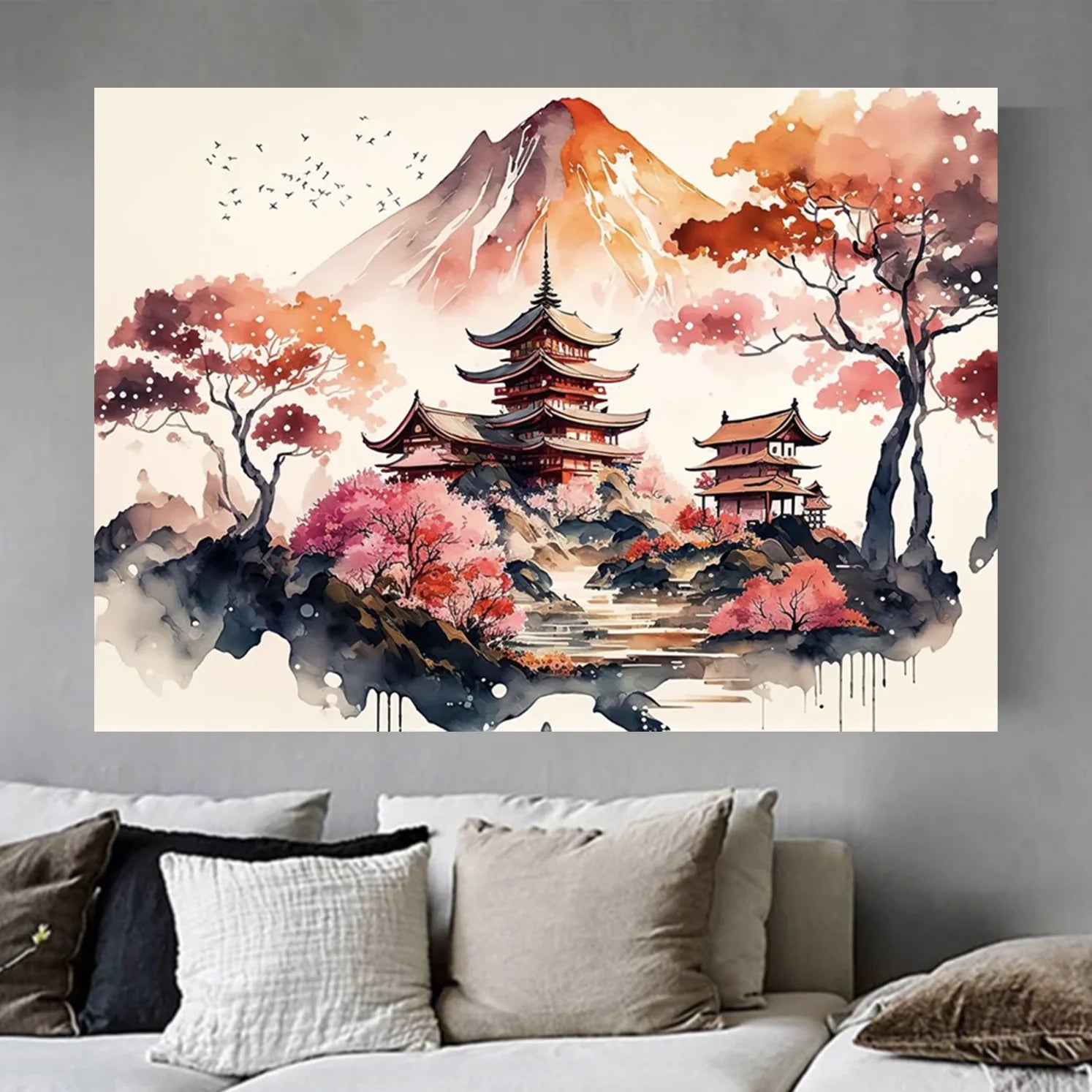 Tableau japonais paysage avec mont Fuji