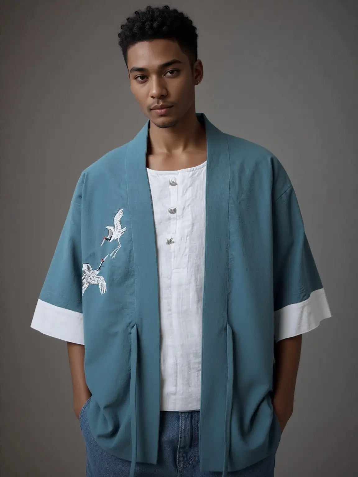 Veste kimono bleu grue japonaise