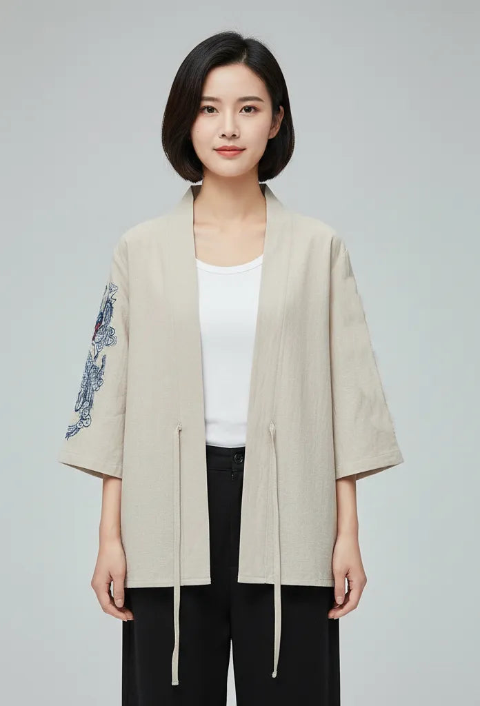 Veste kimono femme beige dragon