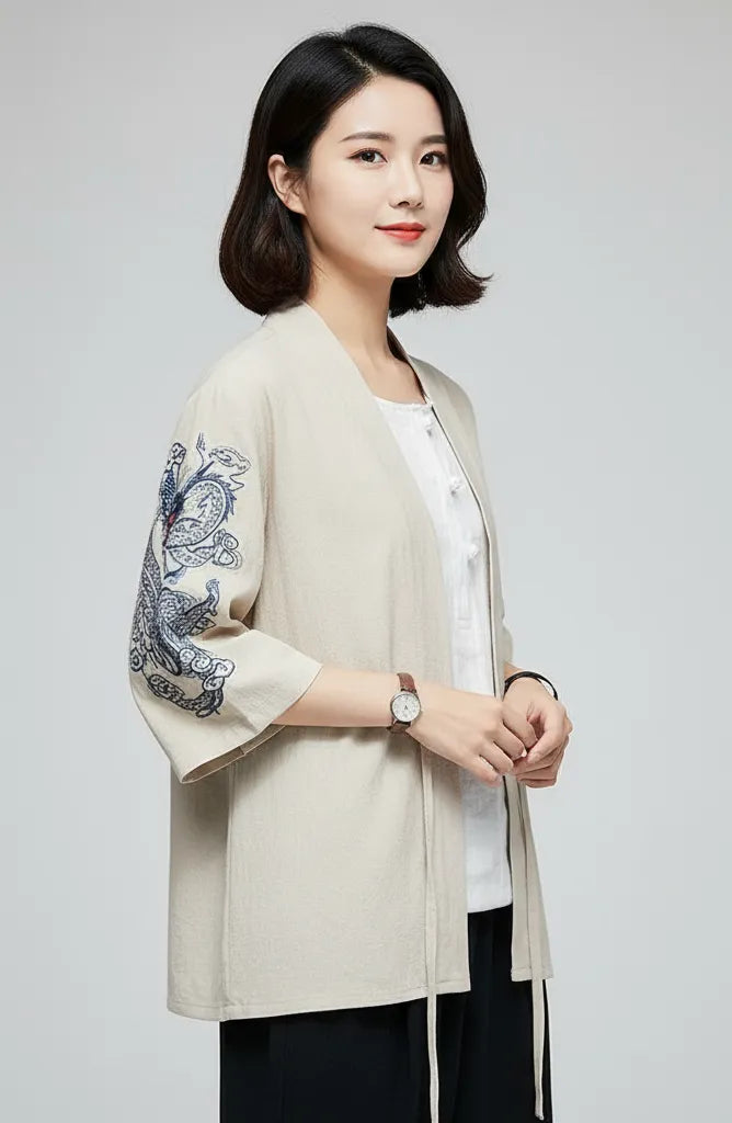 Veste kimono femme beige dragon
