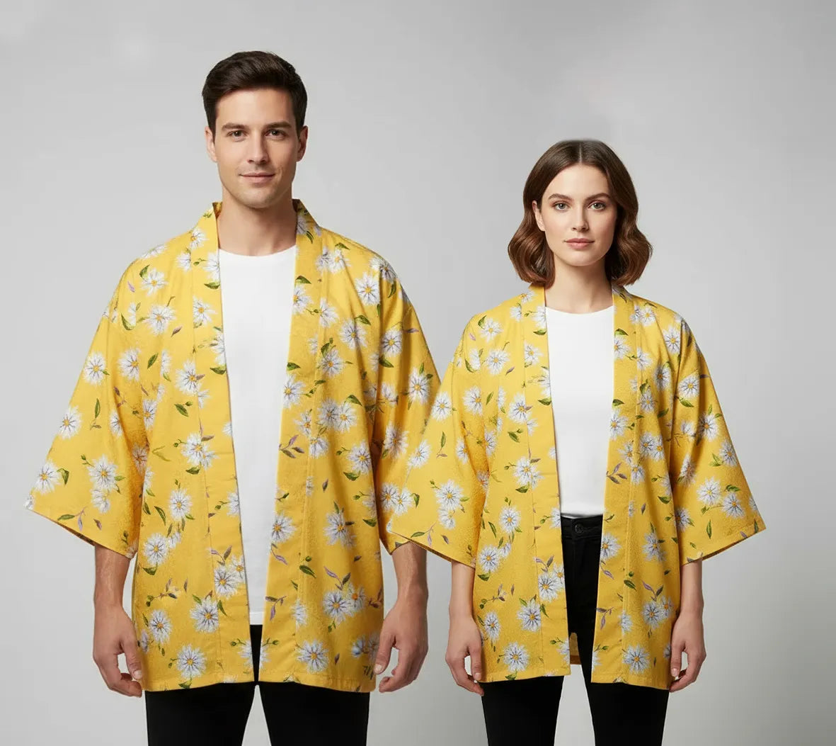 Veste kimono jaune fleuri