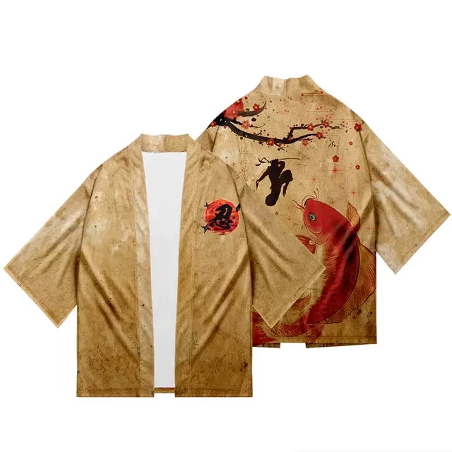 Veste kimono marron carpe koi