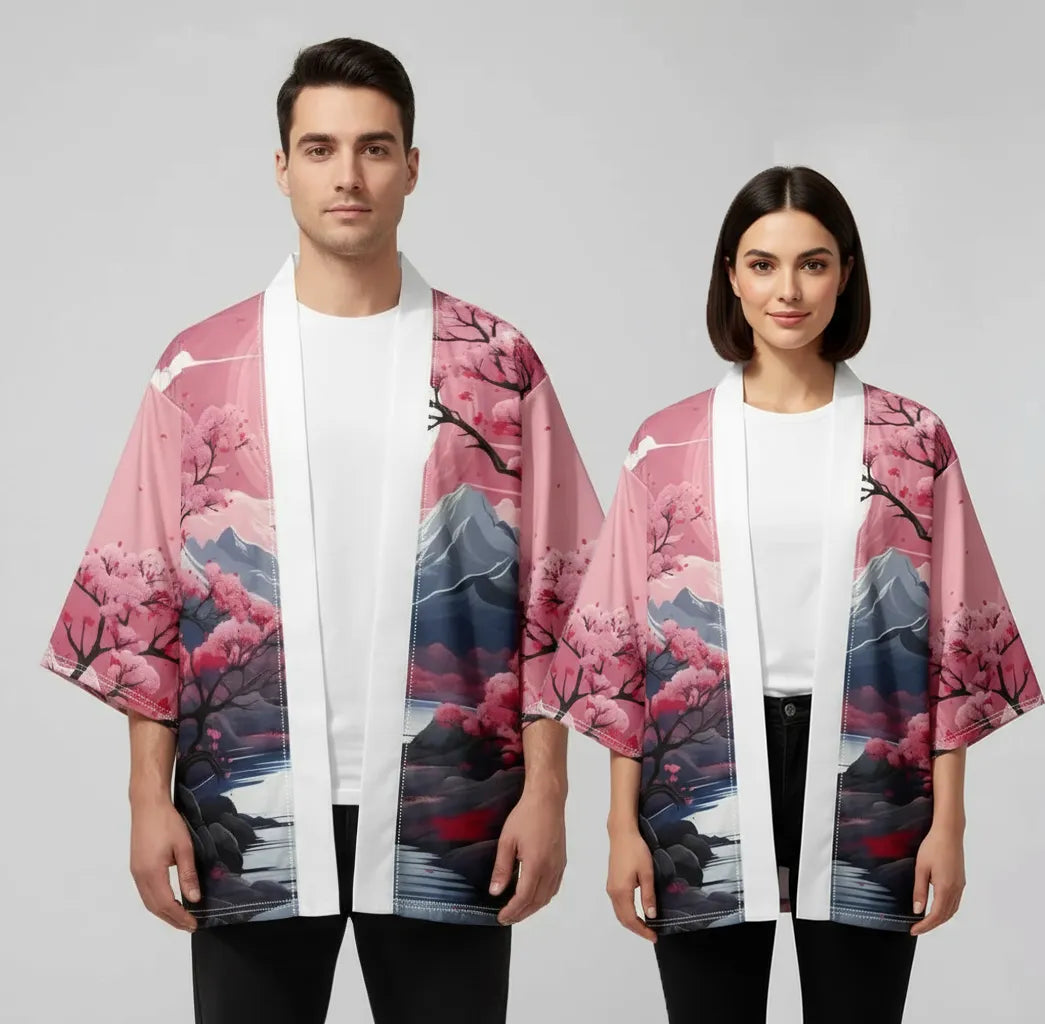 Veste kimono rose fleur de cerisier