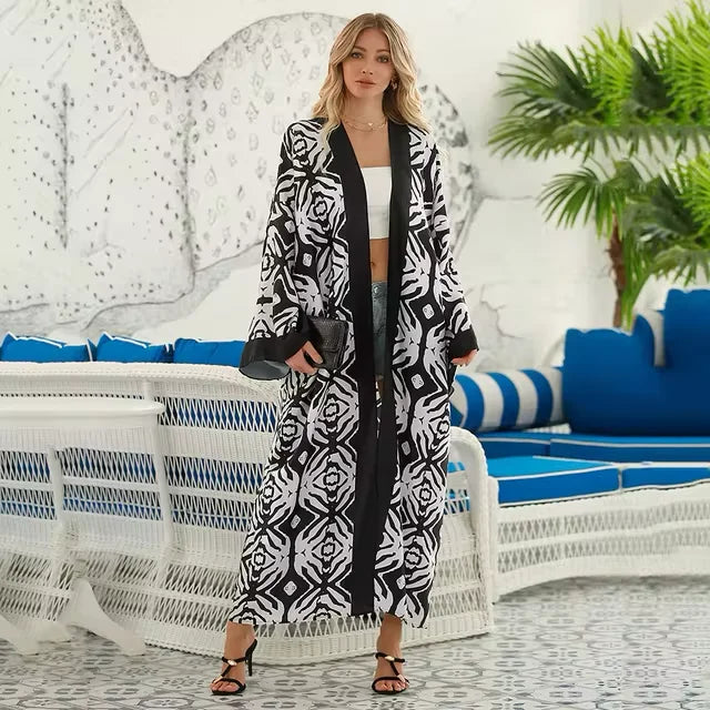 Veste Kimono Longue Femme - Noir et Blanc