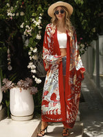 Veste Kimono Longue Femme - Rouge et Fleuri