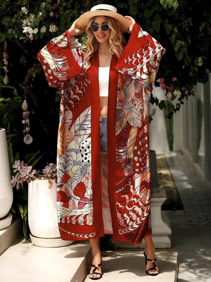 Veste Kimono Longue Femme - Rouge et Fleuri