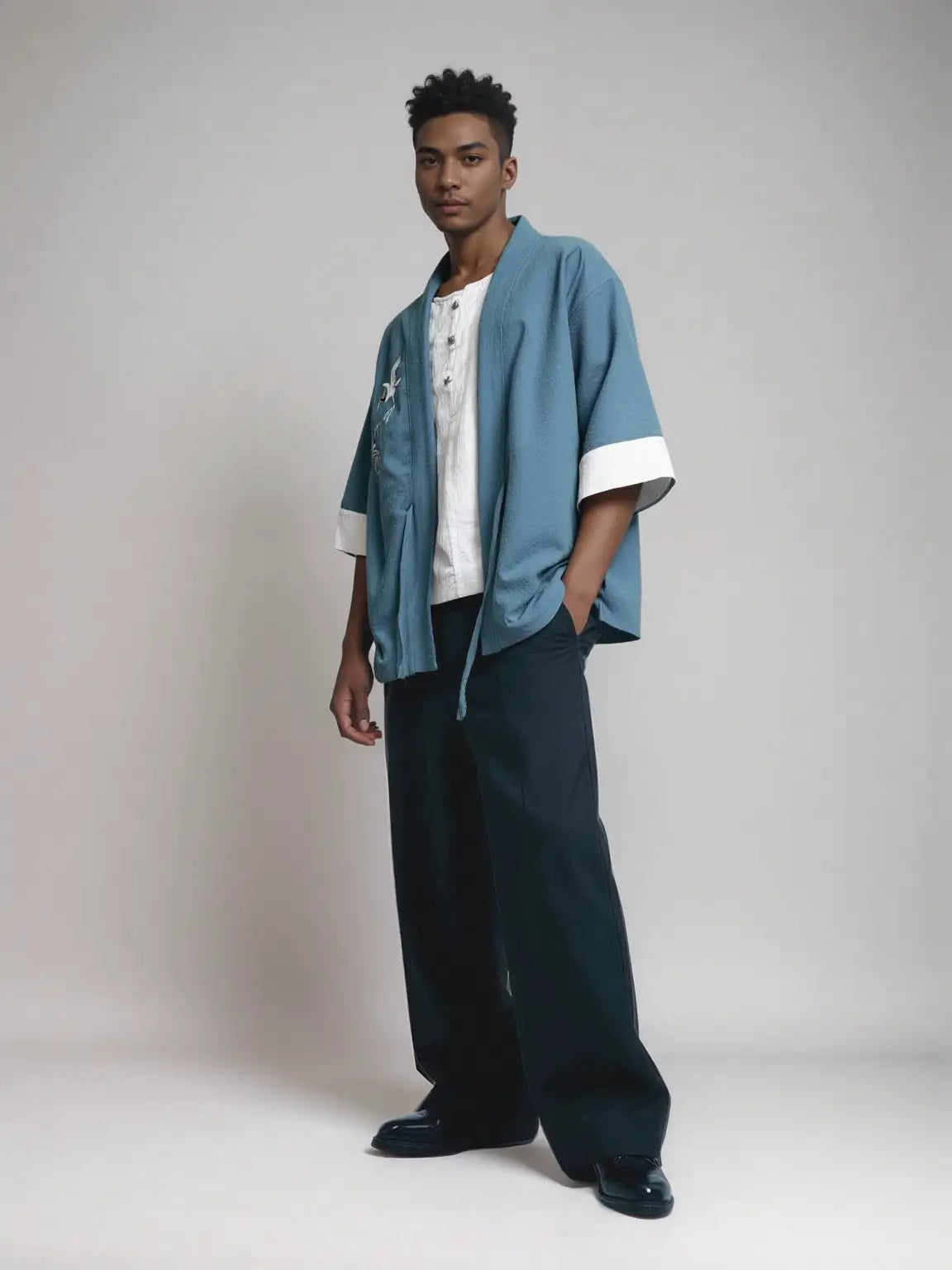 Veste kimono bleu grue japonaise