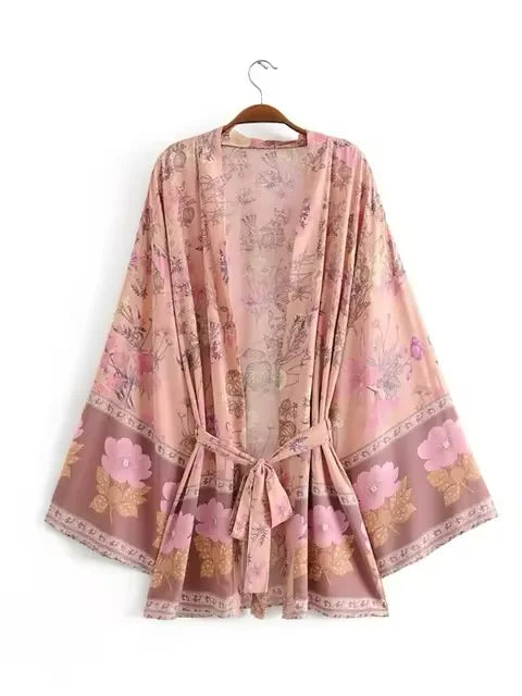 Veste kimono femme bohème rose