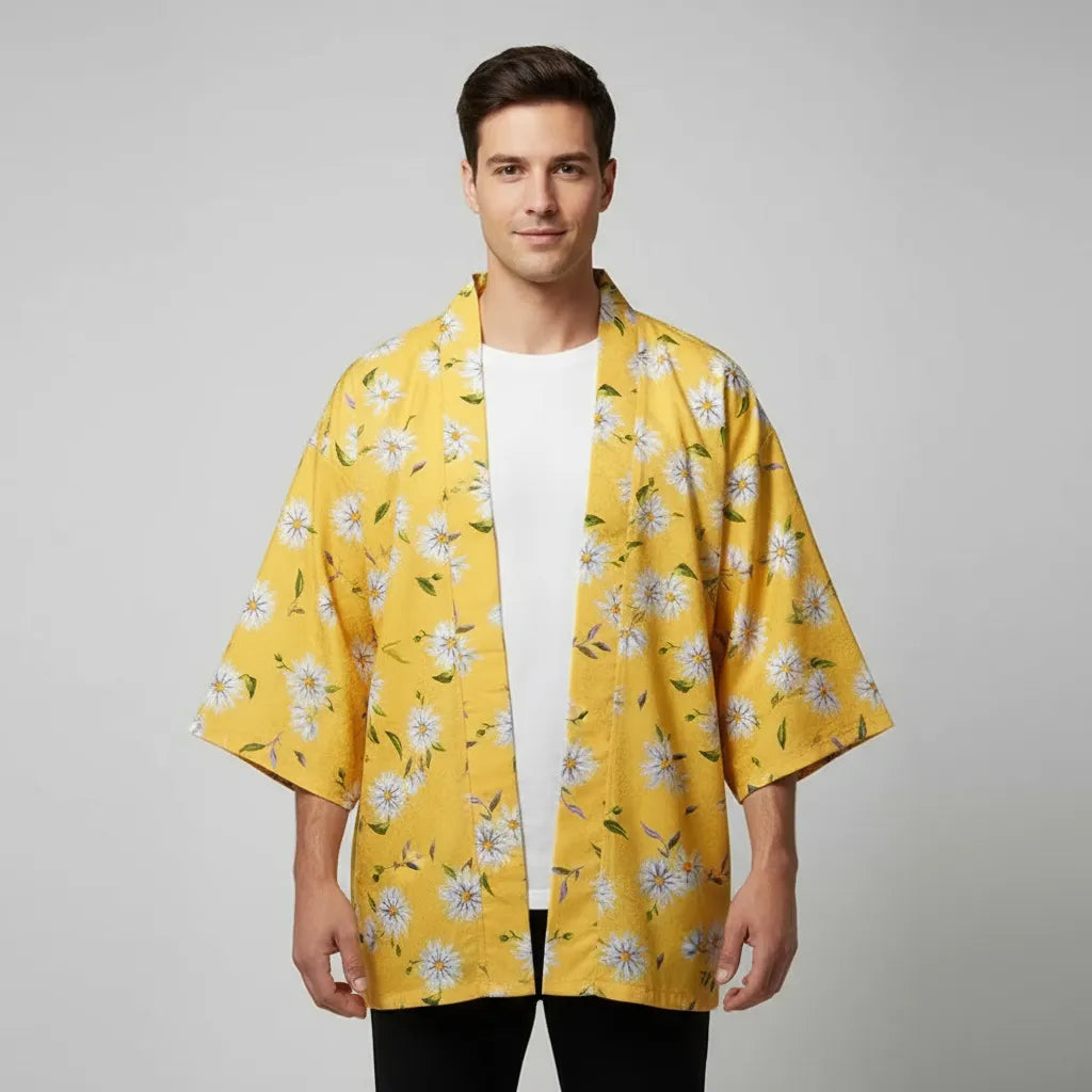 Veste kimono jaune fleuri