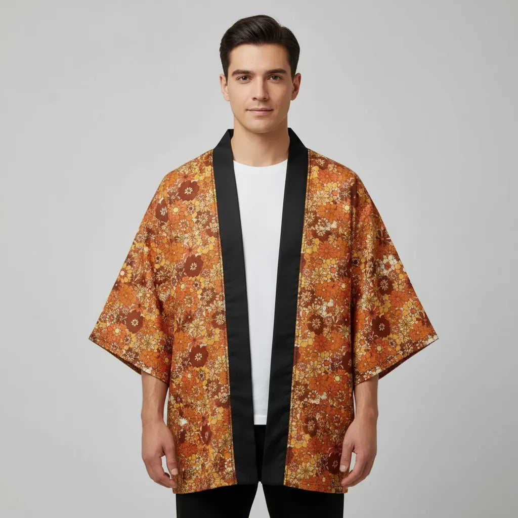Veste kimono orange fleuri