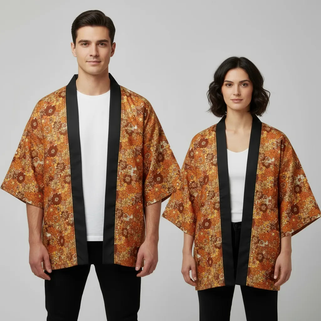 Veste kimono orange fleuri