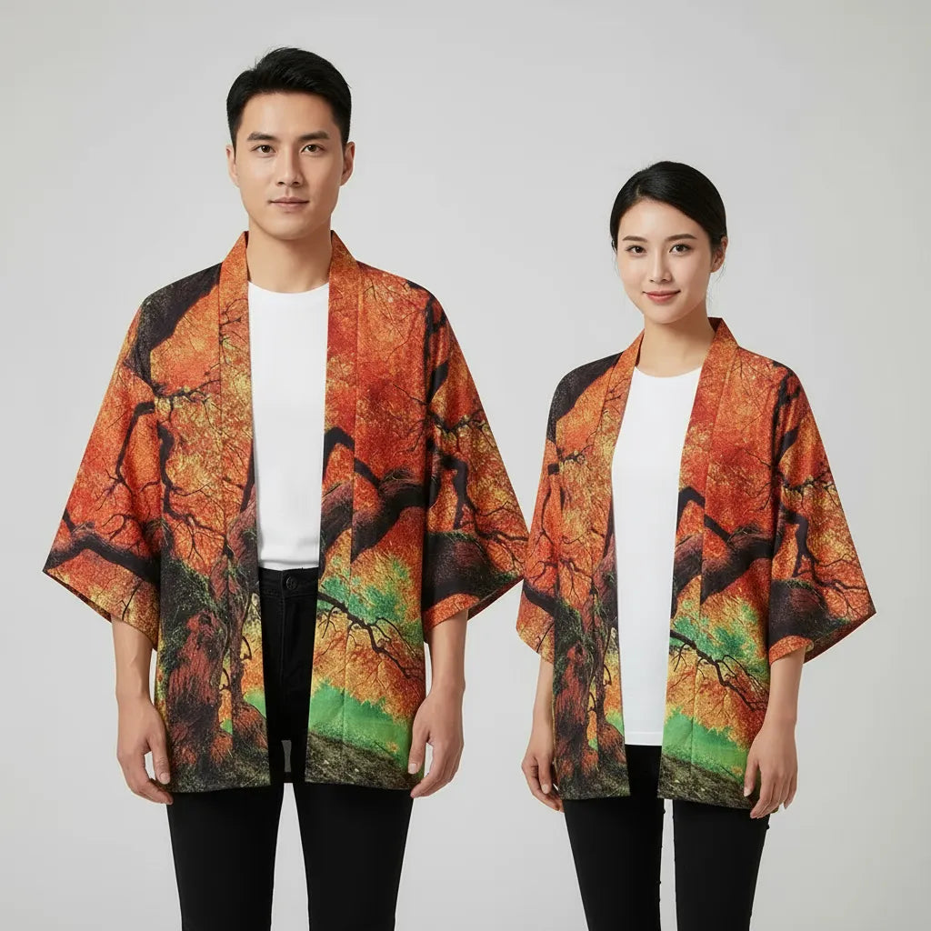Veste kimono orange forêt
