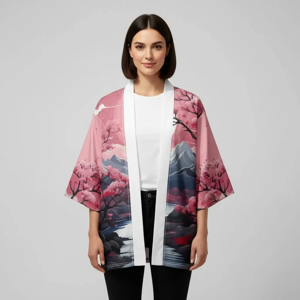 Veste kimono rose fleur de cerisier