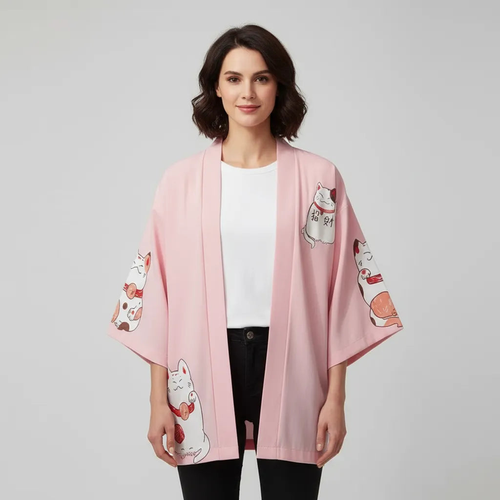 Veste kimono rose maneki neko