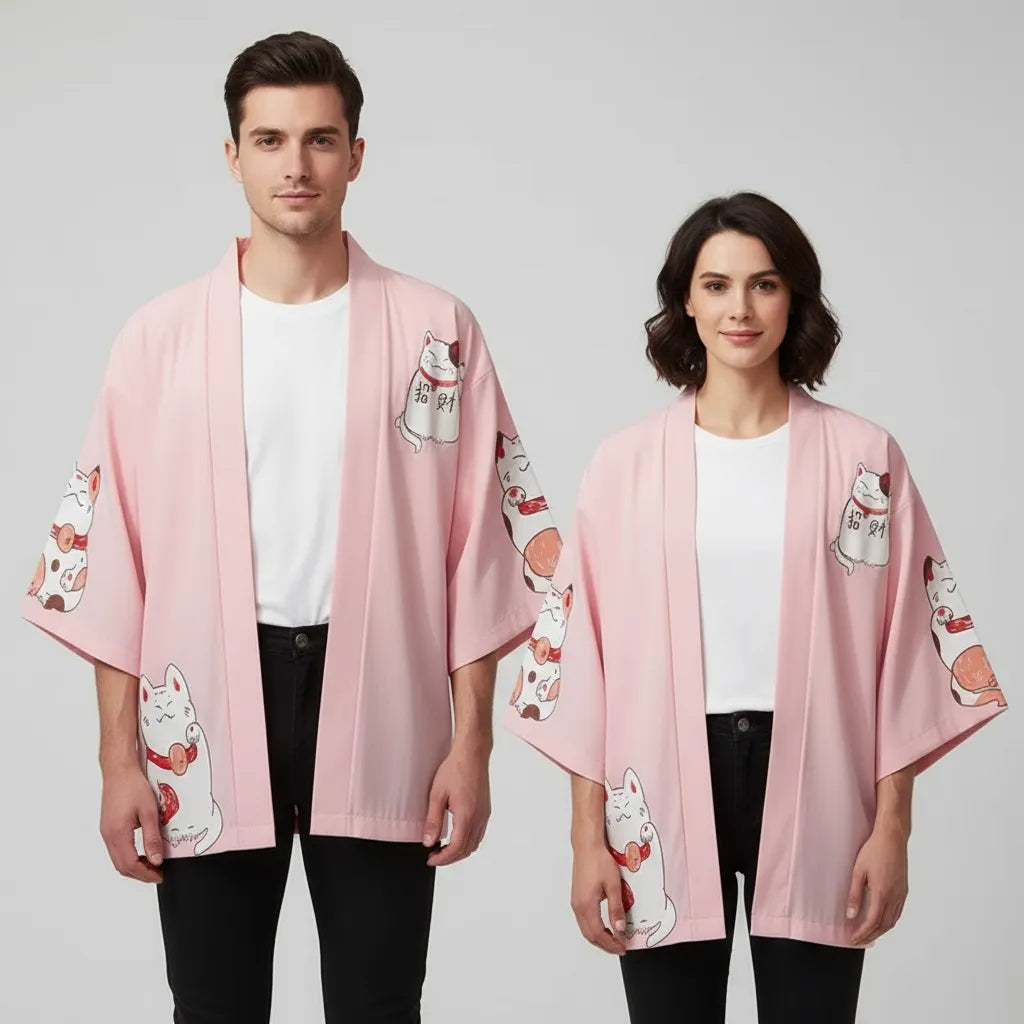 Veste kimono rose maneki neko