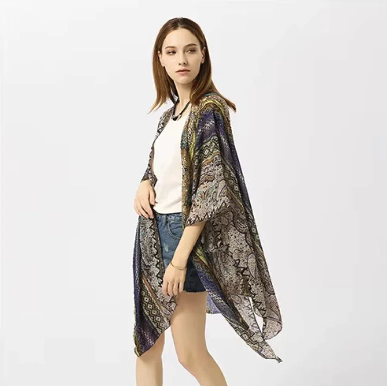 Veste kimono femme soie bleu