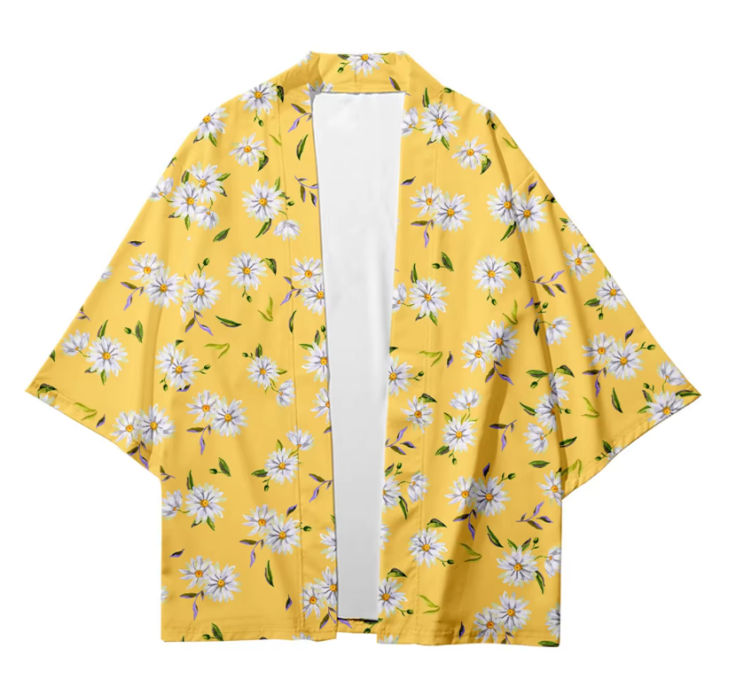 Veste kimono jaune fleuri