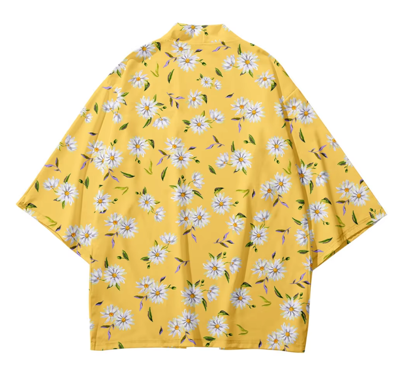 Veste kimono jaune fleuri