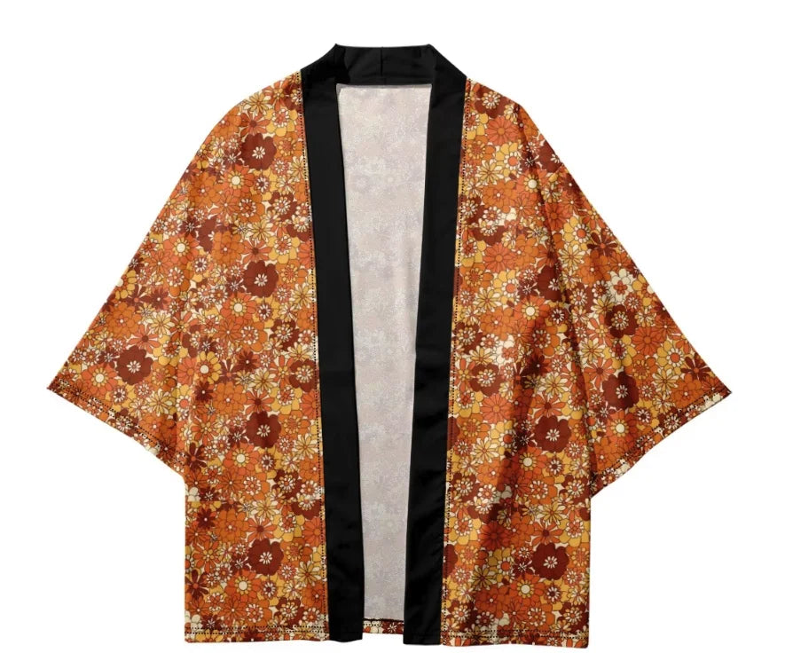 Veste kimono orange fleuri