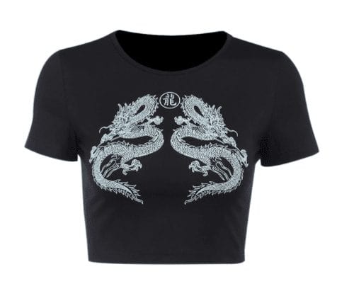 S / Noir Crop-top Dragon oriental
