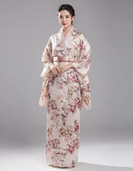 kimono fleuri blanc long en satin