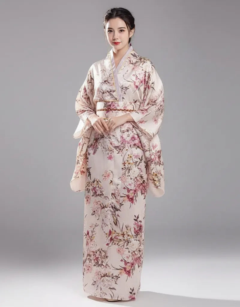 kimono fleuri blanc long en satin