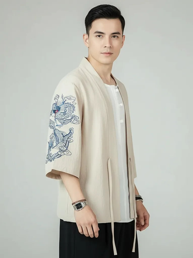 Veste kimono homme beige dragon