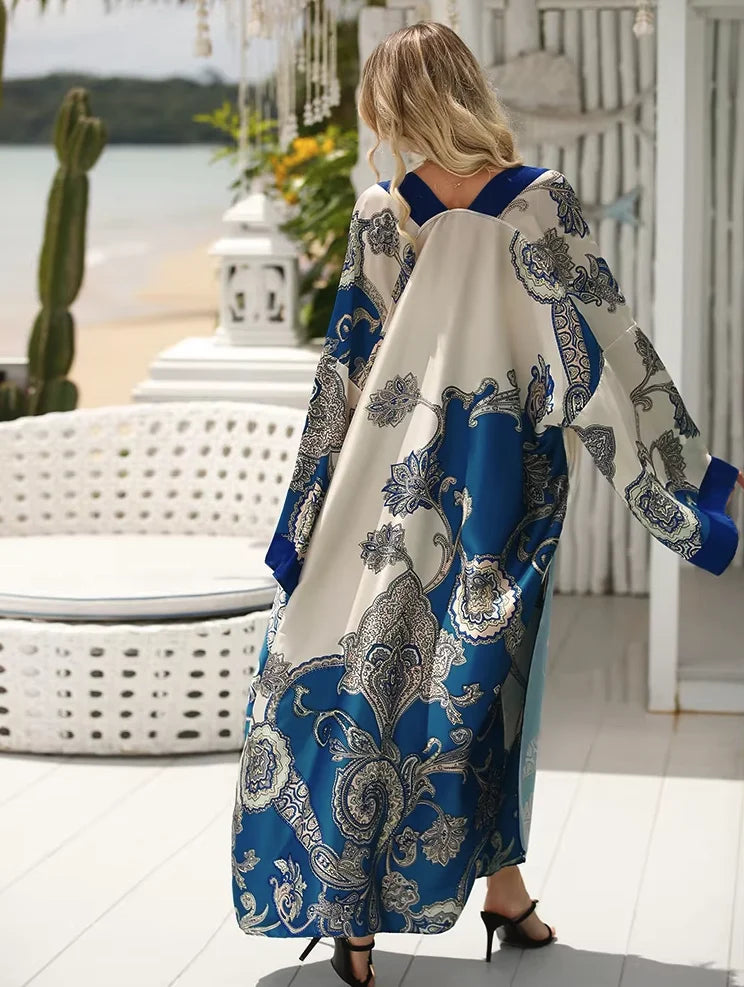 Veste Kimono Longue Femme - Bleu